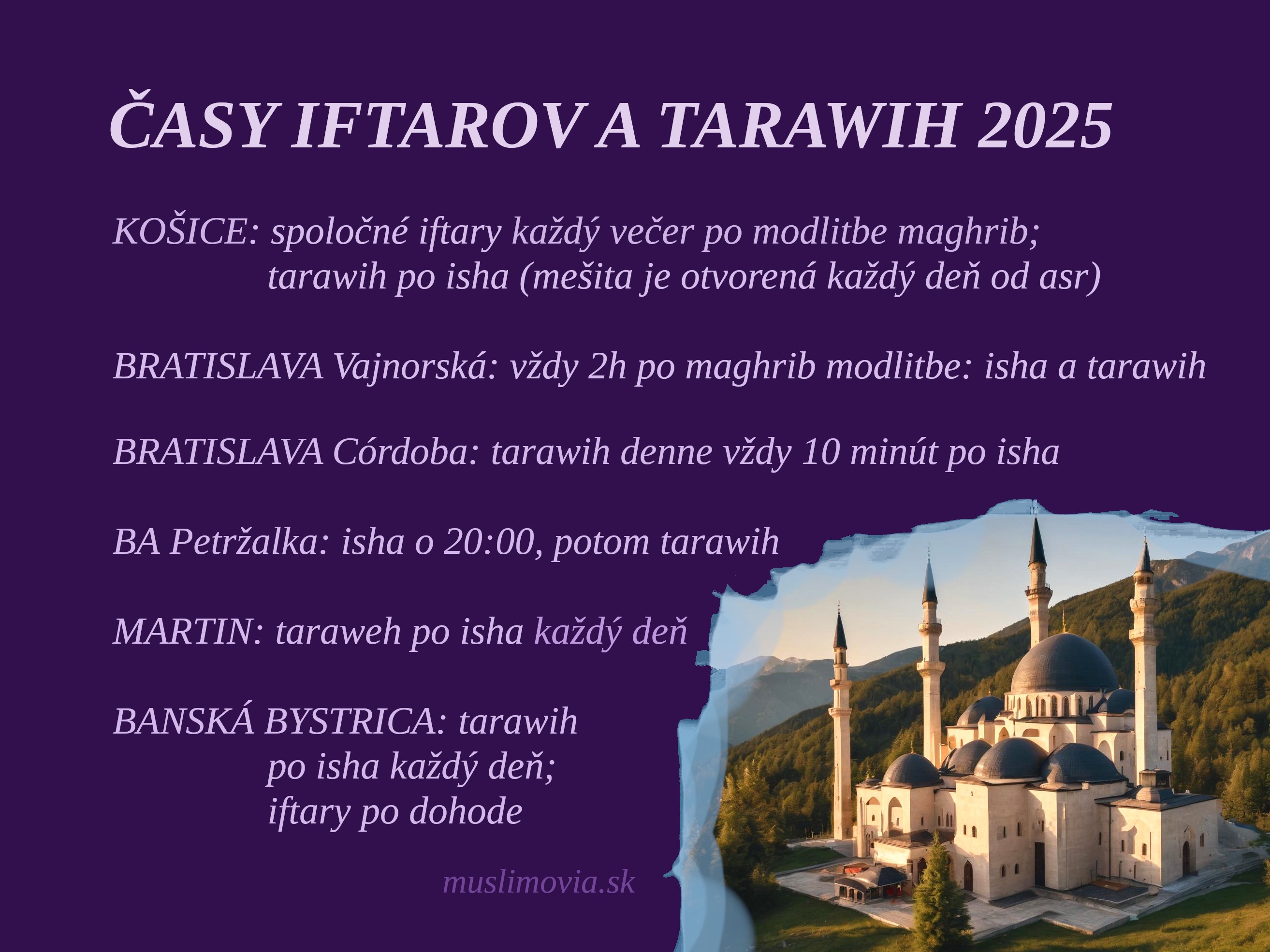 Ramadán, 2025 - časy iftarov a tarawih Ramadán, 2025 - časy iftarov a tarawih
